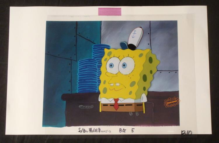 Suprised SpongeBob Original Production Cel Background: This animation cel and reproduction background are from the Nickelodeon TV show SpongeBob Squarepants. The story takes place under the deep blue sea in Bikini Bottom, where Sponge