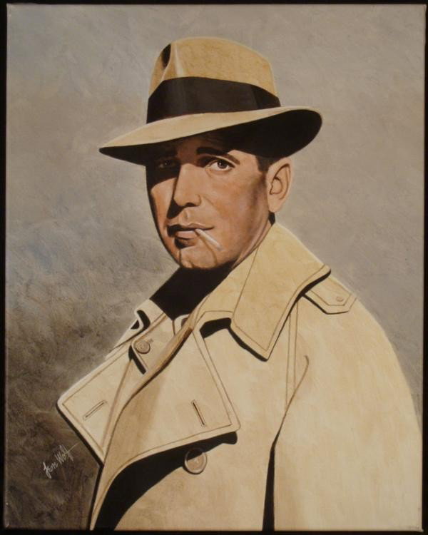 Leon Wolf Original Signed Painting Humphrey Bogart: This is an original painting of the movie star Humphrey Bogart. The portrait here is straight out of Casablanca, with that classic fedora and penetrating gaze. * * Artist: Leon Wolf Signature: Signed 