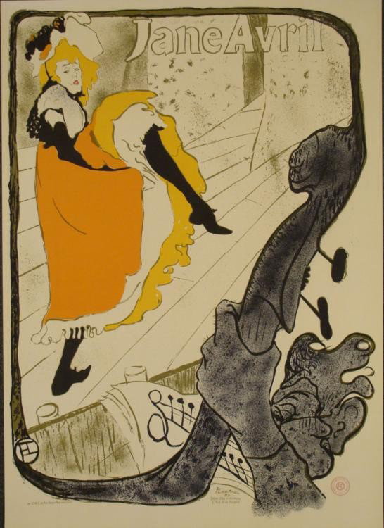 Henri de Toulouse-Lautrec Jane Avril Moulin Rouge Print: The subject of this print, Jane Avril, was a French can-can dancer of the Moulin Rouge, made famous by Lautrec through his paintings. Artist: Henri de Toulouse-Lautrec Title: Jane Avril * Paper Size: 