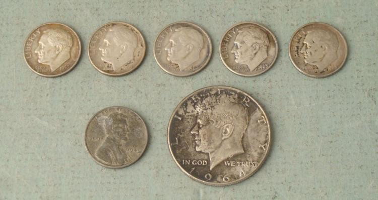 6 Coins- Roosevelt Dimes Silver Kennedy Half ALM Penny: Offered here are six coins. In this lot your will receive: * 5) Silver Roosevelt Dimes 1964 Silver Kennedy Half Dollar 1943 ALM Penny