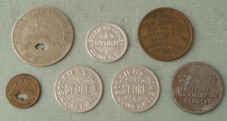 7 Antique Store/Trade Tokens Coal Soldier Moorman 1800s: 7 Antique Store/Trade Tokens * 2 Kanawha Coals tokens, silver tone $1, and copper 3 Soldier's Home Store 25 and 10 cent tokens R & W Robinson button maker award medal, from American Institute Moor