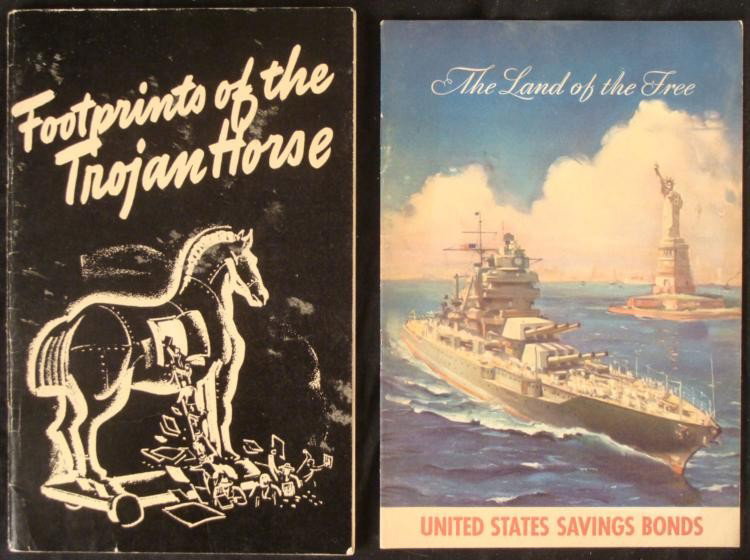 2 WWII PROPAGANDA BOOKS FOOTPRINTS OF THE TROJAN HORSE: 2 WWII PROPAGANDA BOOKS "FOOTPRINTS OF THE TROJAN HORSE" -1942 PUBLISHED BY BAYER ASPIRIN (GERMAN COMPANY THAT ALSO MADE ZYKLON B_ & U.S. WAR BONDS BOOK * INTERESTING THAT BAYER WOULD PUBLISH AN A