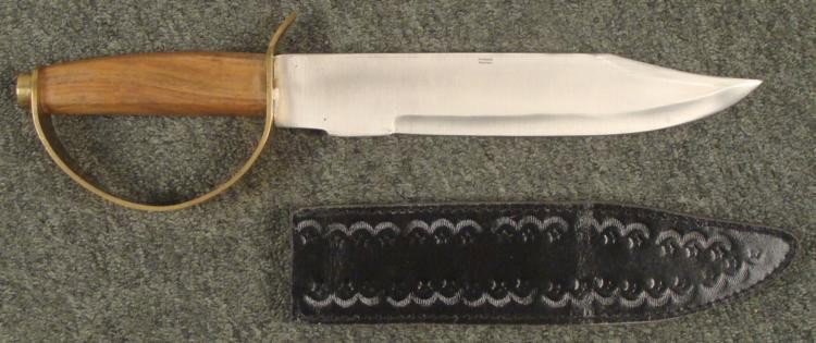 HEAVY, WELL MADE BOWIE KNIFE-WOOD, BRASS, W/SCABBARD: HEAVY, WELL MADE BOWIE KNIFE-WOOD GRIP-SOLID BRASS HANDGUARD-W/SCABBARD * NICE HEAVY WELL MADE BOWIE KNIFE AND SCABBARD-10" BRIGHT STAINLESS STEEL BLADE-BROWN WOOD HANDLE-PAKISTAN MADE-SOLID BRASS HAN