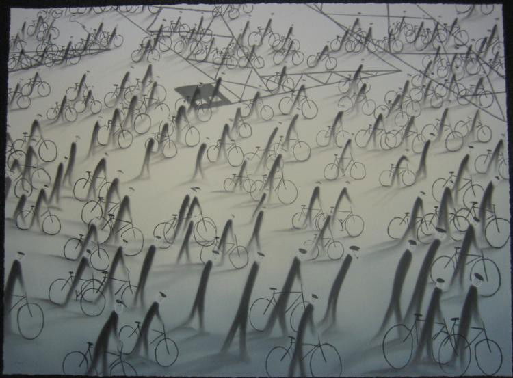 Mackenzie Thorpe In the Sound of the Siren Art Print: Crowds of shadowy figures walk and ride their bicycles slowly amidst the sound of some unheard siren. This is an intriguing art print, full of noir atmosphere. Artist: Mackenzie Thorpe Signed and numb