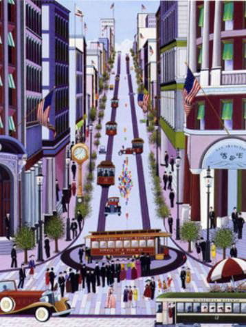 POWELL SREET CABLE CAR Folk Art Print Nicky Watanabe: This appealing fine art print, in the primitive or "naif" manner, is by the very popular contemporary artist Nobou "Nicky" Watanabe: Title: "Powell Street Cable Car" Serigraph on paper Signed and numb