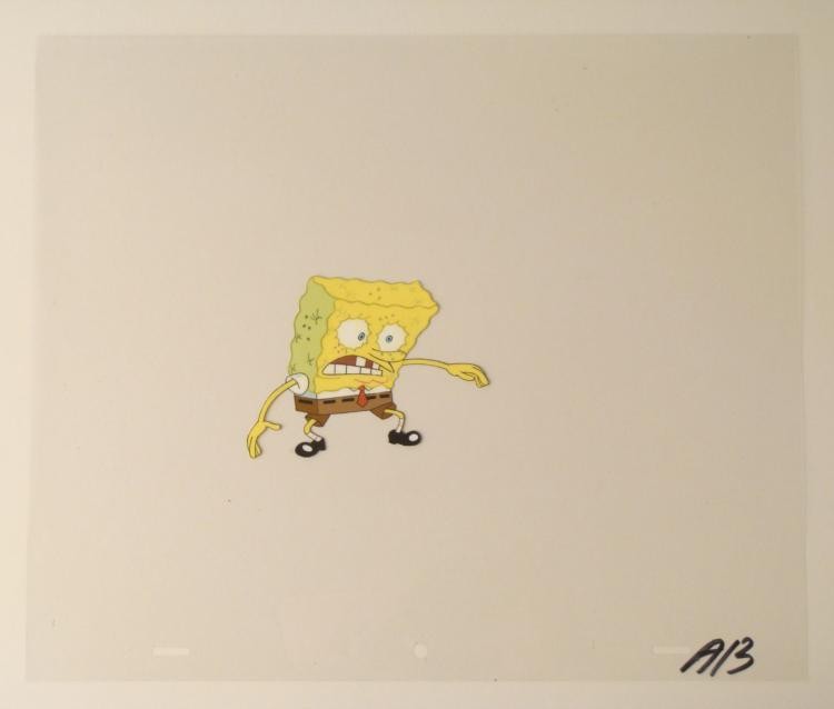Production Original Drying Up SpongeBob Cel Art Water: This original animation cel is from the Nickelodeon TV show SpongeBob Squarepants. The story takes place under the deep blue sea in Bikini Bottom, where SpongeBob resides. Sp