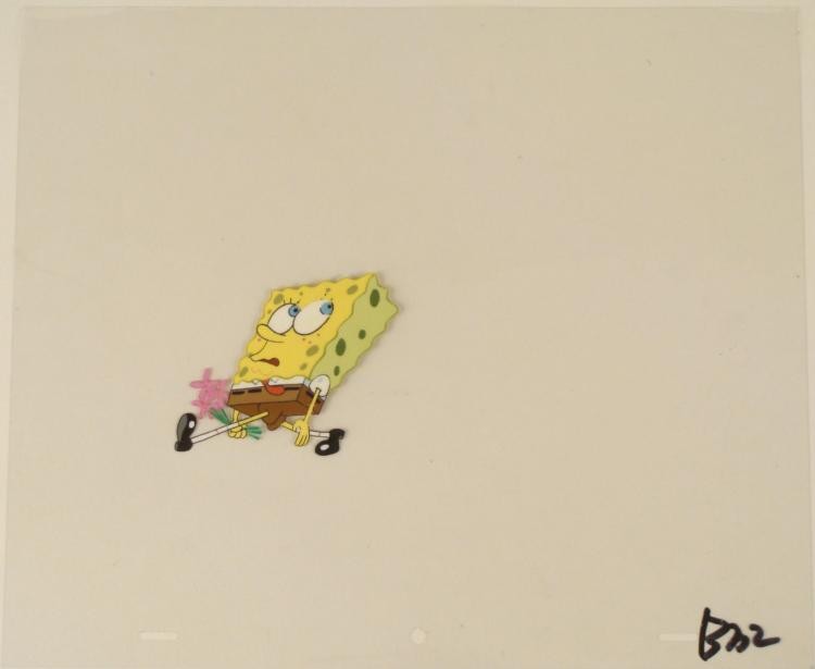 Art Cel My Cue to Exit Spongebob Original Production: This original animation cel is from the Nickelodeon TV show SpongeBob Squarepants. The story takes place under the deep blue sea in Bikini Bottom, where SpongeBob resides. Sp