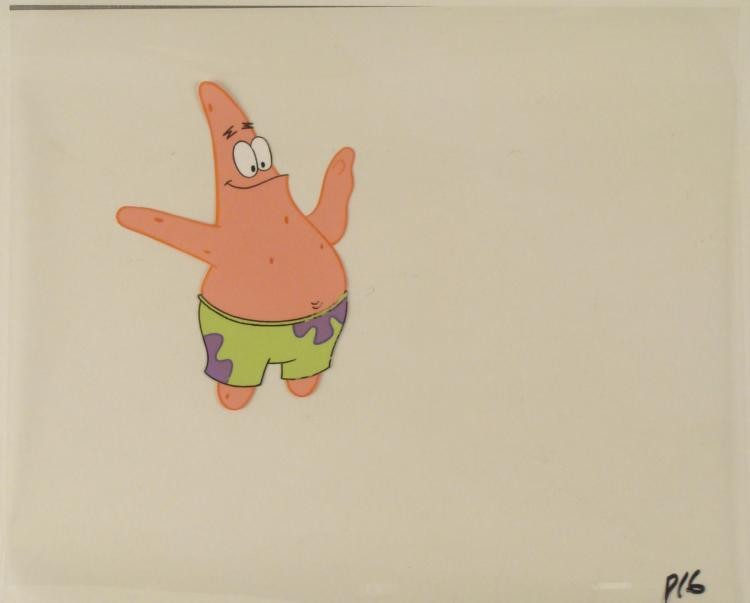 Production Patrick Left Point Original Cel SpongeBob: This original animation cel is from the Nickelodeon TV show SpongeBob Squarepants. The story takes place under the deep blue sea in Bikini Bottom, where SpongeBob resides. Sp