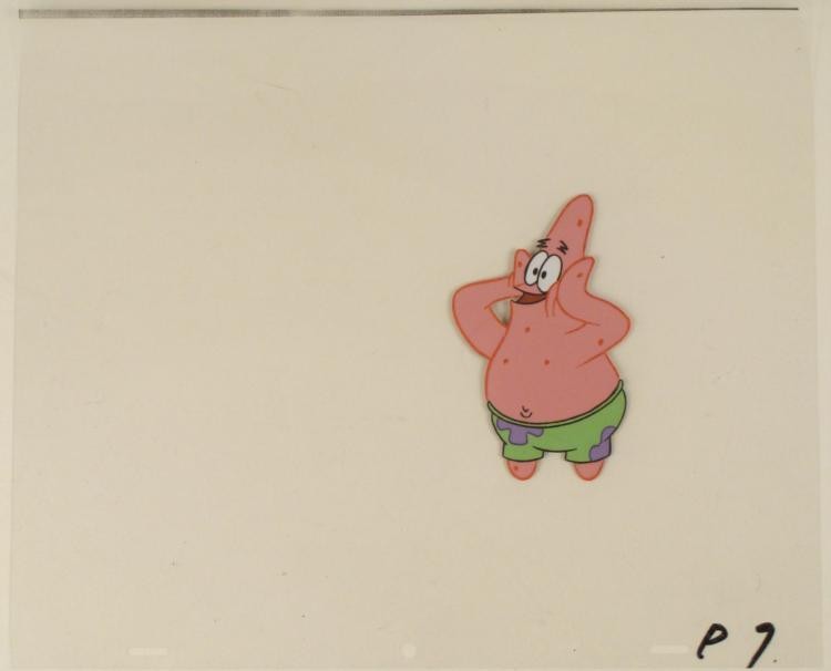 SpongeBob Original Animation Cel Patrick Calling Out: This original animation cel is from the Nickelodeon TV show SpongeBob Squarepants. The story takes place under the deep blue sea in Bikini Bottom, where SpongeBob resides. SpongeB