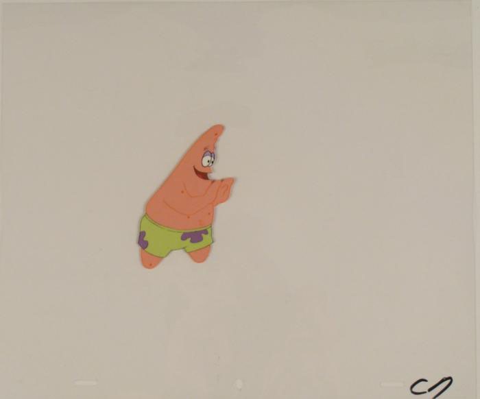Friendly Push Animation Art Original Cel Spongebob: This original animation cel is from the Nickelodeon TV show SpongeBob Squarepants. The story takes place under the deep blue sea in Bikini Bottom, where SpongeBob resides. Sp