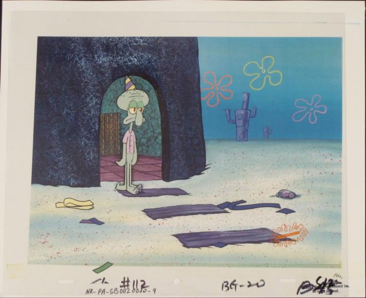 Original Cel Birthday Animation Background Spongebob: This animation cel and reproduction background are from the Nickelodeon TV show SpongeBob Squarepants. The story takes place under the deep blue sea in Bikini Bottom, where Sponge
