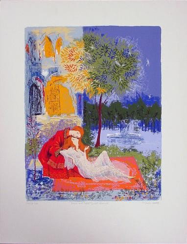 Russell Barrer SWEET FAREWELL ROMEO JULIET Signed Art: This romantic print of the world's most famous lovers is by well-known artist Gertrude Russell-Barrer (USA, 1921 - 1992): * Title: "Romeo and Juliet — Sweet Farewell" * Lithography on Arches lik