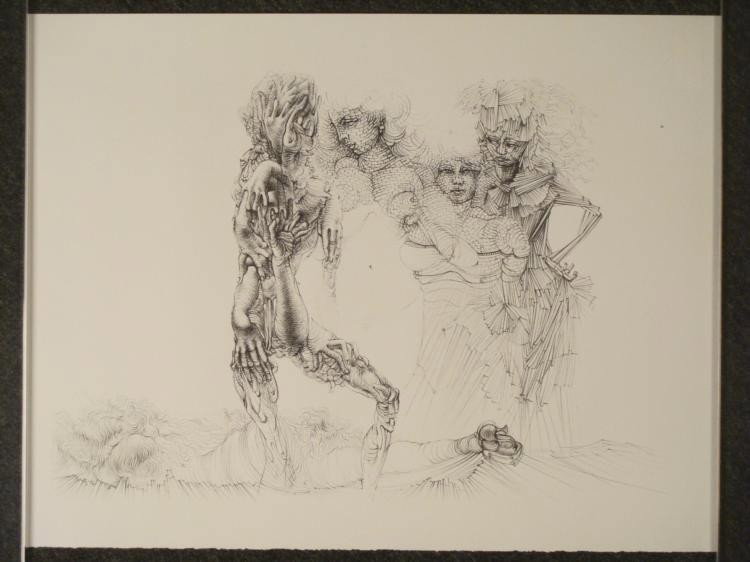 Hans Bellmer Surrealistic Art Print Erotic Nude Woman: This surrealist erotic image has female nudes composed of bricks and sticks, and one form made up entirely of hands. Artist: Hans Bellmer Medium: Print on paper Paper Size: 19 3/4 x 25 1/2 inches Cond