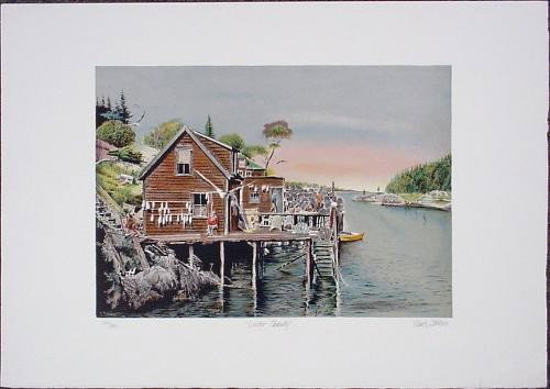 Atmospheric LOBSTER SHANTY Signed LE Art Print Stevens: This atmospheric dock scene is by Mark Stevens: * Title: "Lobster Shanty" * Lithography on Lana watermarked paper * Artist's signature in pencil LR * Numbered in pencil LL * Title written in pencil C 