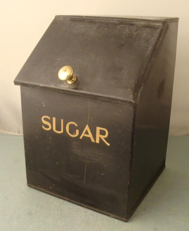 Metal Sugar Tin Vintage Canister w/ Hinged Lid Black: Metal Sugar Tin Vintage Canister w/ Hinged Lid * Very Good condition 13" tall and 8 1/2" wide Sugar tin *