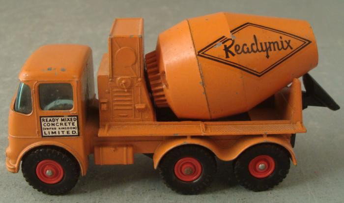 Matchbox King Size K-13A Readymix Concrete Truck: Here is a Matchbox King Size model K-13A Readymix Concrete Truck, issued in 1963. The vehicle is in good to very good condition, with a few spots of wear to the paint, mostly on the mixer drum. The mi