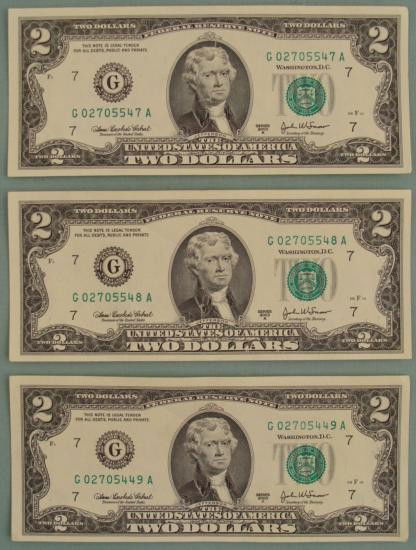3 Consecutive # 2003 A $2 Bills Notes G Mint Chicago CU: (3) 2003-A $2 bills, with consecutive serial numbers * * Mint mark: G (Chicago) * Grade: Crisp Uncirculated * Note: Number shown may be different from the number you receive