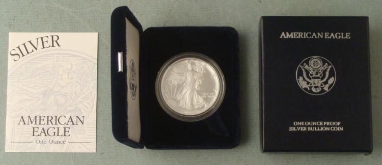1994 American Silver Eagle Dollar $1 Proof w/Box, COA: 1994 American Eagle Silver Dollar * Type: Proof Content: .999 troy oz. Fine Silver Diameter: 40.60 mm Includes: Plastic coin holder, hinged velvet box with eagle emblem, and Certificate of Authenticit