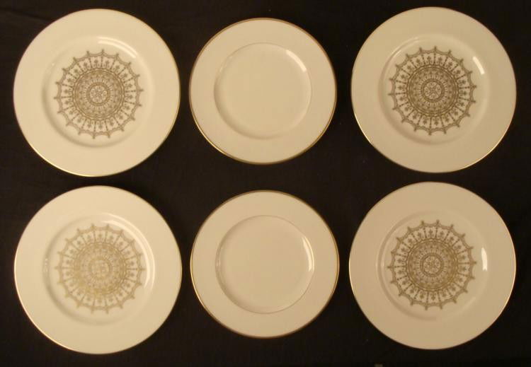 6 Lenox Gold Pattern Design & M-119 Plates: This is a group of 6 tastefully elegant Lenox plates, for formal and semi-formal dining. All are in excellent condition, and were made made in USA. (2) Lenox M-119 plates 9" diameter (4) Lenox Sp