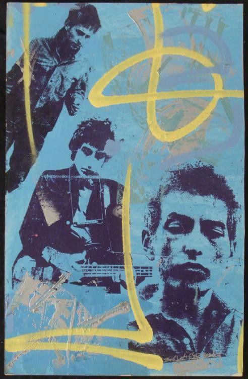 Bobby Hill Original Signed Painting Bob Dylan: This is an original Pop Art painting of Bob Dylan by noted urban artist Bobby Hill. * The music legend is portrayed in three photo images from his early days in Greenwich Village, with free wheelin' s