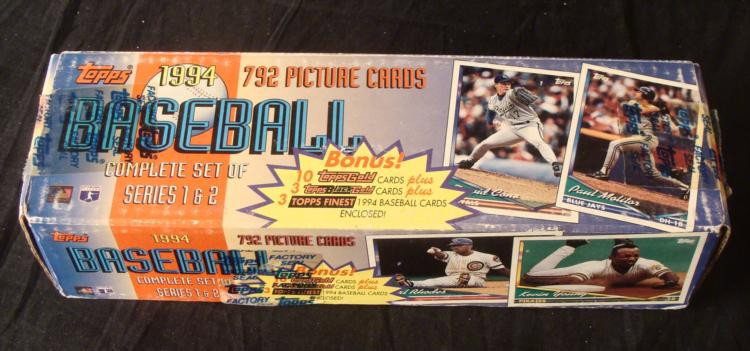 1994 Complete Set of Topps Baseball 795 Cards: Offered here is a complete set of almost 800 1994 Topps baseball cards. The box comes with 16 bonus cards: 10 topps-gold cards, 3 topps-black-gold cards, and 3 Topps Finest 1994 baseball cards.&