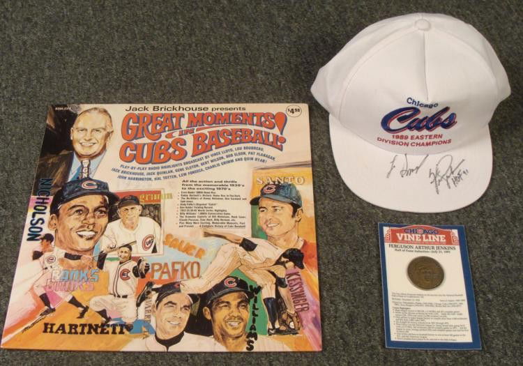 Signed Jenkins Hat Great Moments in Cubs Baseball Pin: Attention all Cubs fans, this lot is for you. Here we have Jack Brickhouse presents - Great Moments in Cubs Baseball record, a signed hat by Fergie Jenkins and not sure of the other but we belie