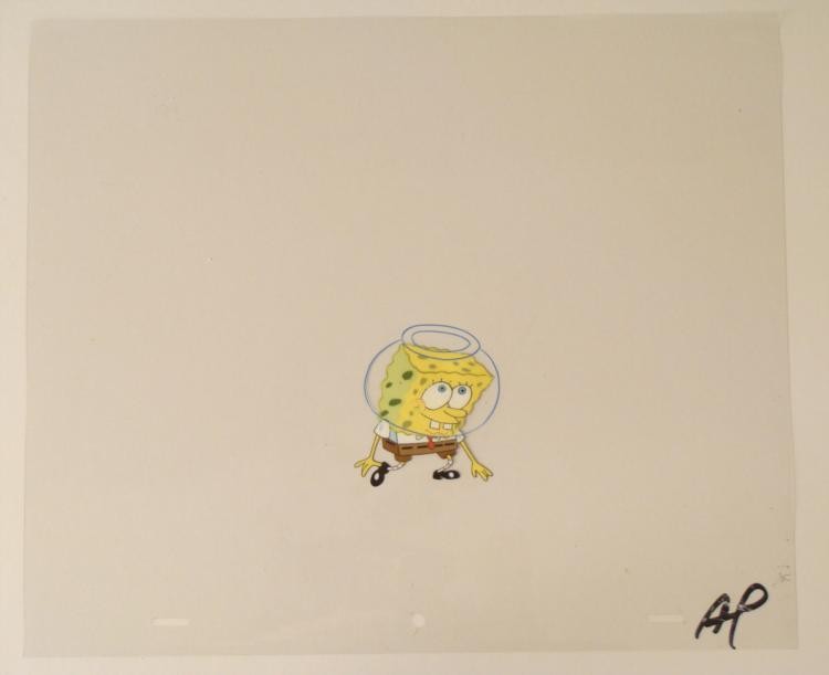 SpongeBob Kneeling Original Animation Art Cel Cool: This original animation cel is from the Nickelodeon TV show SpongeBob Squarepants. The story takes place under the deep blue sea in Bikini Bottom, where SpongeBob resides. Sp