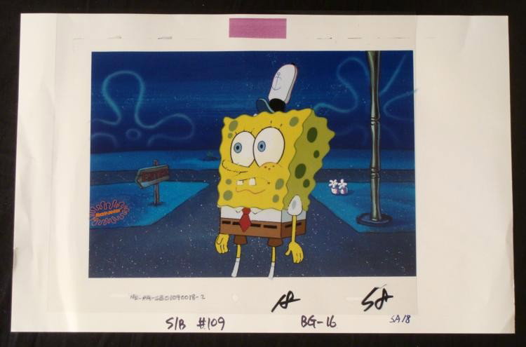 Production Original Cel SpongeBob Background Art Look: This animation cel and reproduction background are from the Nickelodeon TV show SpongeBob Squarepants. The story takes place under the deep blue sea in Bikini Bottom, where Sponge