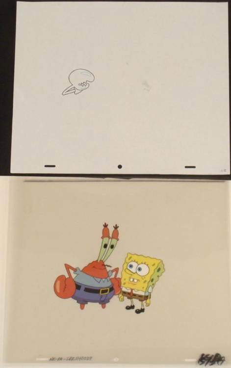 Cel Art Original Spongebob Drawing Production In Awe: This original animation cel is from the Nickelodeon TV show SpongeBob Squarepants. The story takes place under the deep blue sea in Bikini Bottom, where SpongeBob resides. Sp