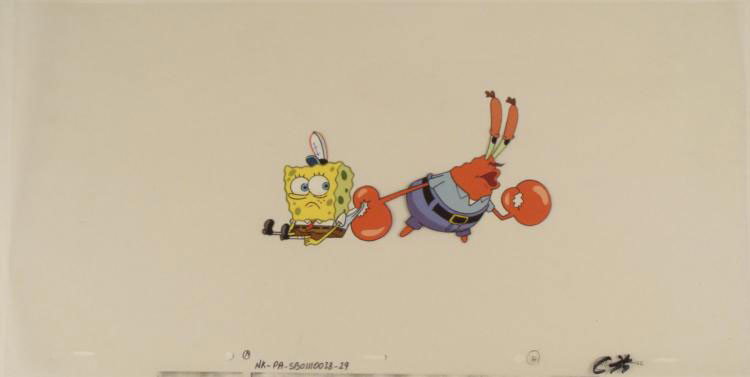 Original Totally Busted Animation Art Spongebob Cel: This original animation cel is from the Nickelodeon TV show SpongeBob Squarepants. The story takes place under the deep blue sea in Bikini Bottom, where SpongeBob resides. Sp