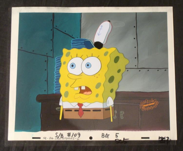 Scaredy Original Animation Cel Background SpongeBob: This original hand-painted background and animation cel are from the Nickelodeon TV show SpongeBob Squarepants. The story takes place under the deep blue sea in Bikini B