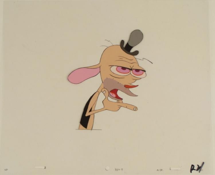Pink Eyes Original Ren And Stimpy Art Cel Production: This is an original production animation cel from the Nickelodeon TV show Ren & Stimpy. The show follows two characters - Ren, a crazy Chihuahua - and - Stimpy, an incredibly stupid