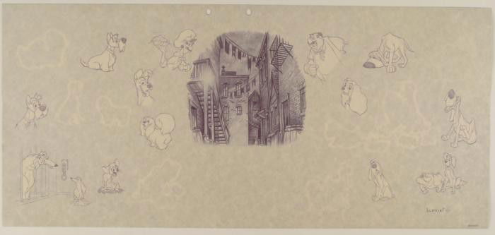 Disney Background Animation Art Lady and the Tramp: Background Lumicel Lady and the Tramp Art Animation * This is a serigraph cel proof originally designed for a Lumicel Size: 11 1/2" x 24 3/4 Condition: Excellent The background features character sket