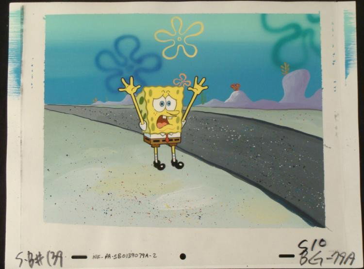 Original Background Spongbob Hold On Cel Production Art: This original hand-painted background and animation cel is from the Nickelodeon TV show SpongeBob Squarepants. The story takes place under the deep blue sea in Bikini Bo