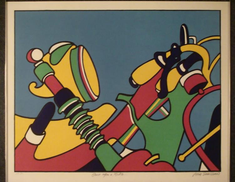 Jean Sariano Signed Pop Art Print Once Upon a Bike: This close-up scene of a dreamy Pop Art bicycle is wonderful in its bright colors and emphasis on geometric shapes. * Artist: Jean Sariano Signature: In pencil, lower right Title: "Once Upon a Bike", 