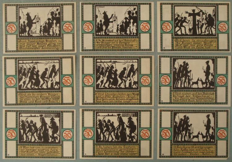 Set 9 (I-X) German Notgeld Zorbig 50 Pfennig 1921: Set 9 (Roman numerals I-IX) German Notgeld Zorbig 50 Pfennig * Date: Sept. 30, 1921 Numbered: I, II, III, V, VI, VII, VIII, IX, X * Condition: Crisp Uncirculated, except # I which has a slight tear