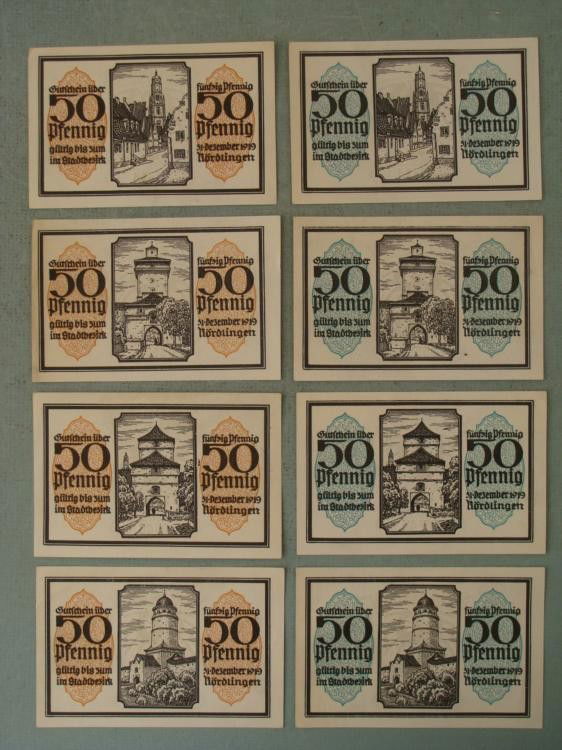 8 German 50 Pfennig CU 1919 Bills -4 Diff Images: 8 Different German 50 Pfennig * All dated 1919, with 4 different images, 2 in each color Condition: Crisp Uncirculated
