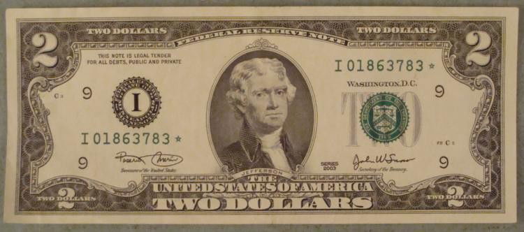 2003 $2 Star Note Two Dollar Bill Minneapolis I Mint: 2003 $2 Star Note * Mint mark: I (Minneapolis)
