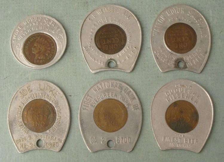 6 Encased Lucky Pennies-Chicago, Bank, Studebaker,Gobbo: 6 Encased Lucky Pennies, including 5 wheat pennies and 1 Indian head * Gobbo Cigars, circa 1901, with Indian head penny S.L. Weinberg, Inc. Studebaker Sales, Chicago Walton Motor Sales- World's Larges