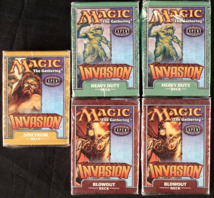 5 Magic the Gathering Decks Spectrum Heavy Duty Blowout: Here we have 5 Magic the Gathering Decks from the Invasion series. In this lot you will receieve: * Invasion- Sepctrum (2) Invasion- Blowout (2) Invasion- Heavy Duty All of the decks have n