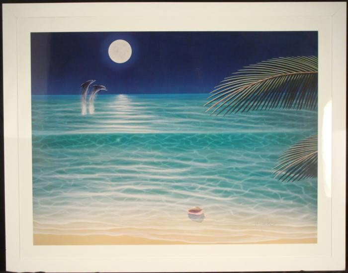 Dan Mackin Large Tropical Art Print Moonlit Palms Frmd: This large print portrays an expansive tropical sea, with moonlight illuminating some palm leaves, and two playful dolphins near the horizon. * Artist: Dan Mackin Medium: Print on paper Image size: 35