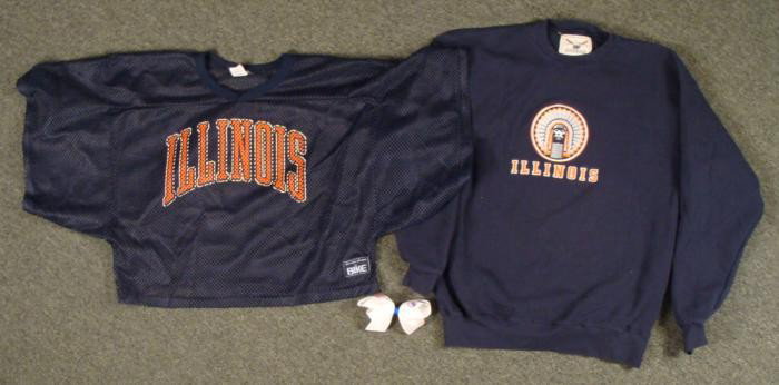 Illinois Fighting Illini Sweatshirt, Jersey, Bow L-XL: Here are 3 Fighting Illini items, all great to wear. They are pre-worn, but in very good condition. * Embroidered sweatshirt, 80/20 cotton/poly, size L Mesh polyester jersey from Bike, size L-XL Bow w