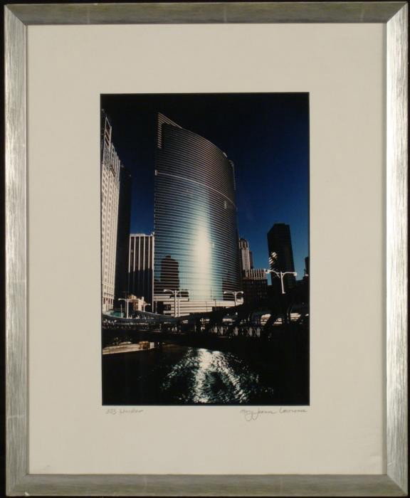 Mary Jeanne Lawrence Chicago Building Photograph Framed: This photograph shows a great Chicago office building along the river, with a curved green glass side. * Title: 333 Wacker Medium: Photograph Photographer: Mary Jeanne Lawrence Signature: Signed in pe