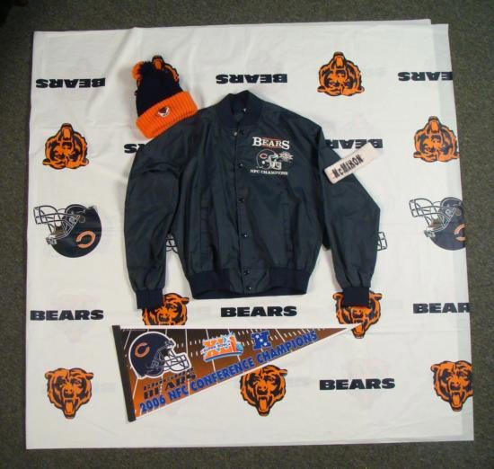 Chicago Bears NFL Lot Tablecloth Winter Hat Jacket: How can you prepare yourself for another action packed football season? By purchasing this great lot of Chicago Bears paraphenilla. First is an all-white with orange stripes (on the front)