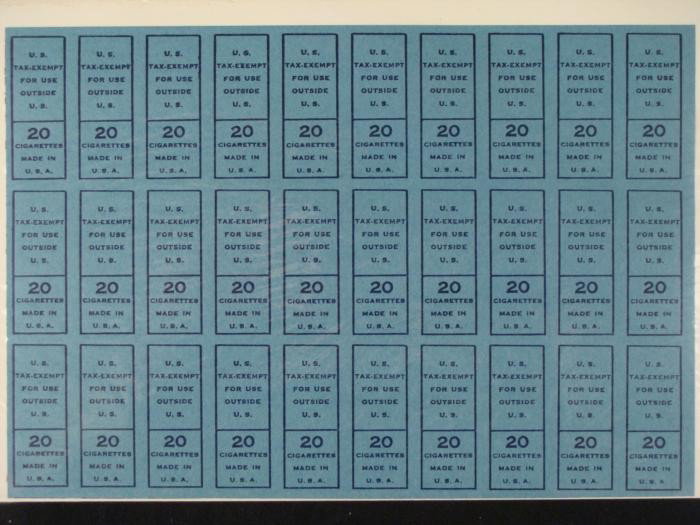 30 Cigarette Tax Revenue Stamps from Tobacco Company: This uncut sheet of 30 U.S. tax exempt Cigarette stamps was discarded by a tobacco company in Richmond Virginia when the plant closed and manufacturing was moved to North Carolina. These are in mint c