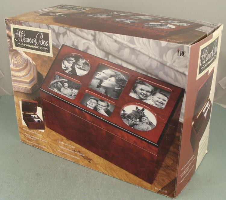 Memory Box Photo Album Storage Container Wood MIB: This Memory Box is an ideal way to display and store photographs, and this one is in Mint condition in the original box. It features 6 windows for standard size 4 x 6 photos on the hinged lid, and 4 s