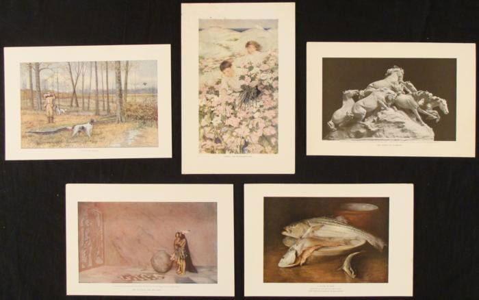 5 Book Prints 1903-07 Early 20th Century Art: 5 Book Art Prints, ready for framing or for a collection. * The Sculptor and the King, by George de Forest Brush A Plate of Fish, by William M. Chase After Woodcock, D.W. Huntington The Mares of Diome