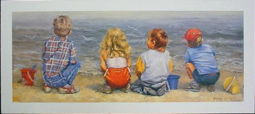 Lucelle Raad WATER'S EDGE Cute Kids at Beach Art Print: This delightful print is by popular artist Lucelle Raad: * Title: "The Water's Edge" * Off-set lithography on lightly pebbled paper * Artist's signature in the plate LR * Sheet size: 10 × 22&fra