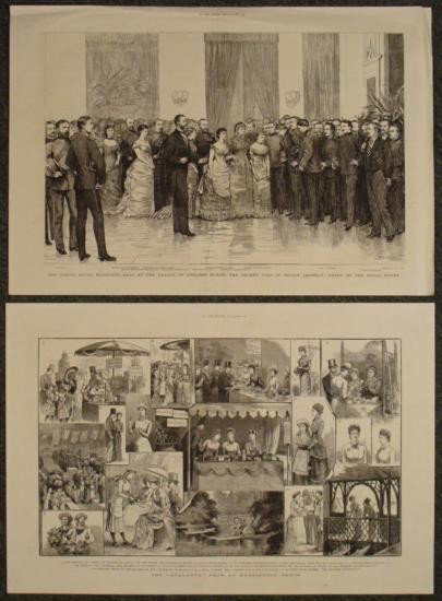 2 Antique English Prints Prince of Wales, Leopold 1882: These prints are from pages of the British newspaper supplement The Graphic, portraying some princely figures. Both are on paper, with sheet size of 16 x 23 1/2 inches * Title: "The Coming Royal Marri