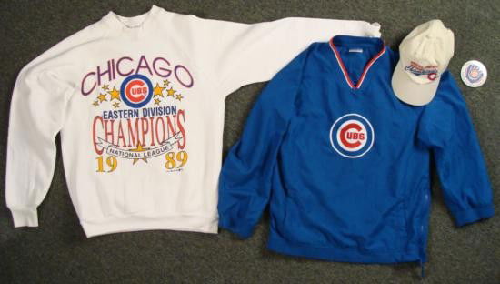 Chicago Cubs Baseball Lot Shirt Sweatshirt Cap Button: Here is a terrific lot of Chicago Cubs items, all in excellent condition. * Pullover jersey/shirt with zipper side, size 16/18 (XL); all polyester, with elastic knit neck, sleeves and waist 1989 Easte